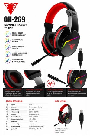 Jedel Gaming GH-269 7.1 USB Mikrofonlu RGB Oyuncu Kulaklığı - Siyah/Kırmızı