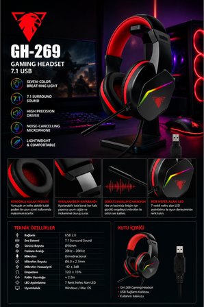 Jedel Gaming GH-269 7.1 USB Mikrofonlu RGB Oyuncu Kulaklığı - Siyah/Kırmızı