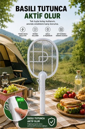 Glr USB-016 Beyaz Şarj Edilebilir Sinek Raketi Type-C Girişli Sivrisinek ve Sinek Öldürücü Raket