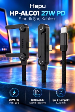 Hepu HP-ALC01 27W PD Type-C to Lightning Hızlı Şarj Kablosu 1.5M Telefon Standlı Örgülü Kablo