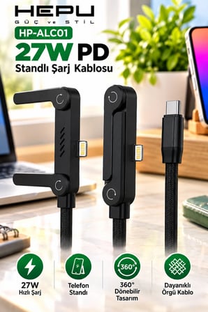 Hepu HP-ALC01 27W PD Type-C to Lightning Hızlı Şarj Kablosu 1.5M Telefon Standlı Örgülü Kablo