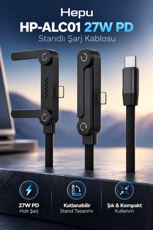 Hepu HP-ALC01 27W PD Type-C to Lightning Hızlı Şarj Kablosu 1.5M Telefon Standlı Örgülü Kablo