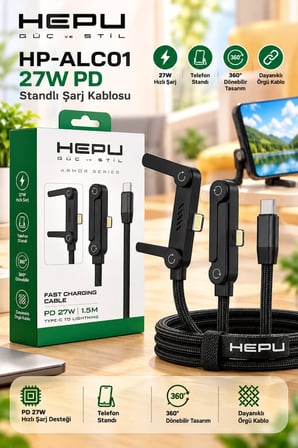 Hepu HP-ALC01 27W PD Type-C to Lightning Hızlı Şarj Kablosu 1.5M Telefon Standlı Örgülü Kablo