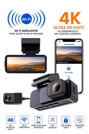 Harvox 4K Pro Araç İçi Kamera Seti  2 Kameralı (4K Ön + 1080P Arka), Wi-Fi, GPS Park Modu