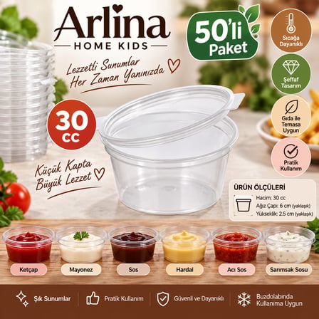 Arlina Home Kids 30 cc Kapaklı Sos ve Saklama Kabı 50'li Paket