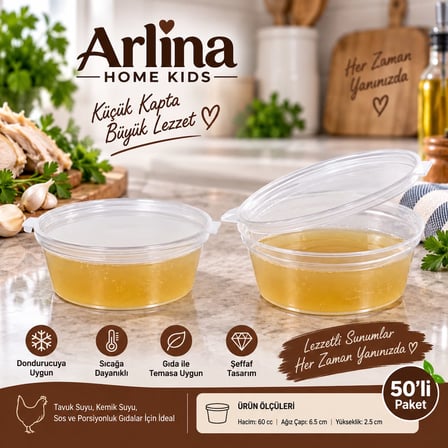 Arlina Home Kids 60 cc Kapaklı Saklama Kabı 50'li Paket Şeffaf