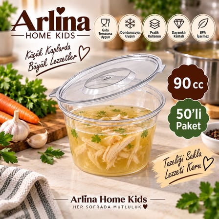 Arlina Home Kids 90 cc Sos Kabı 50'li Paket Şeffaf Kapaklı