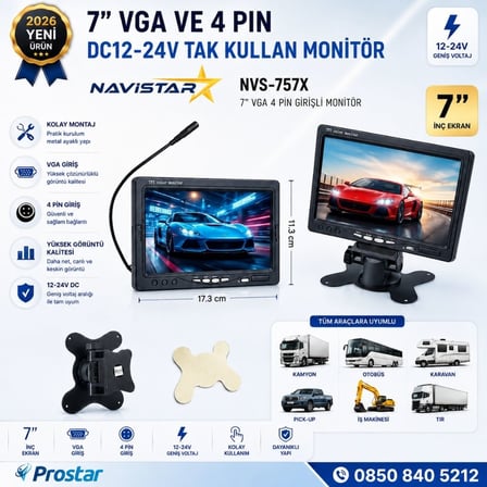 7 inç Vga ve 4 Pin girişli Araç Monitörü Mobil DVR Uyumlu 12-24V