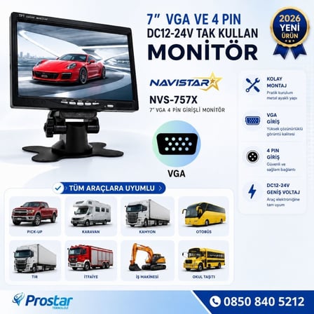 7 inç Vga ve 4 Pin girişli Araç Monitörü Mobil DVR Uyumlu 12-24V