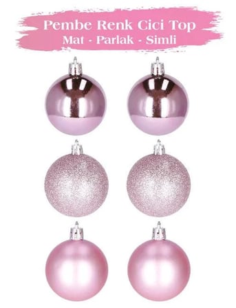 6 cm – Pembe Mat Parlak Simli Yılbaşı Top Süs 6 Parça Dekoratif Ağaç ve Parti Süsü