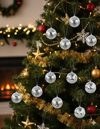 3 cm 12'li Gümüş Disko Topu Yılbaşı Ağaç Süsü Seti – Parlak Dekoratif Top Süs