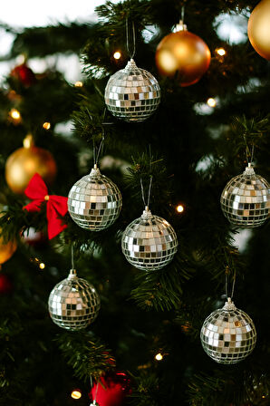 4 cm 6'lı Gümüş Disko Topu Yılbaşı Ağaç Süsü Seti – Parlak Dekoratif Top Süs