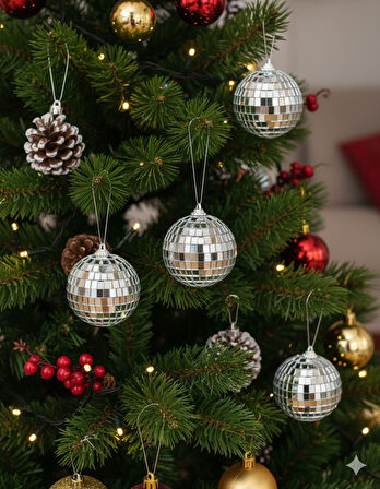 4 cm 6'lı Gümüş Disko Topu Yılbaşı Ağaç Süsü Seti – Parlak Dekoratif Top Süs