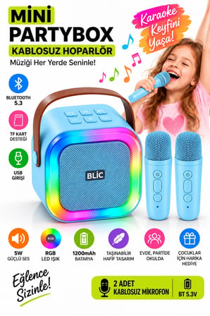 Blic BLS-97 Mavi Partybox Çift Kablosuz Mikrofonlu RGB LED Işıklı Taşınabilir Bluetooth Hoparlör