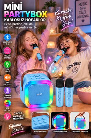 Blic BLS-97 Mavi Partybox Çift Kablosuz Mikrofonlu RGB LED Işıklı Taşınabilir Bluetooth Hoparlör