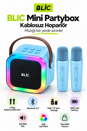 Blic BLS-97 Mavi Partybox Çift Kablosuz Mikrofonlu RGB LED Işıklı Taşınabilir Bluetooth Hoparlör