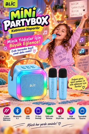 Blic BLS-97 Mavi Partybox Çift Kablosuz Mikrofonlu RGB LED Işıklı Taşınabilir Bluetooth Hoparlör