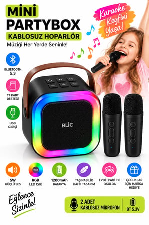 Blic BLS-97 Siyah Partybox Çift Kablosuz Mikrofonlu RGB LED Işıklı Taşınabilir Bluetooth Hoparlör