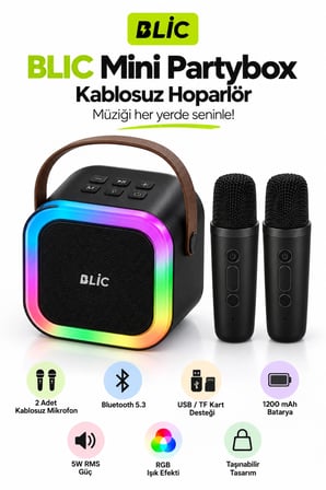 Blic BLS-97 Siyah Partybox Çift Kablosuz Mikrofonlu RGB LED Işıklı Taşınabilir Bluetooth Hoparlör