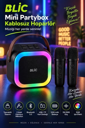 Blic BLS-97 Siyah Partybox Çift Kablosuz Mikrofonlu RGB LED Işıklı Taşınabilir Bluetooth Hoparlör