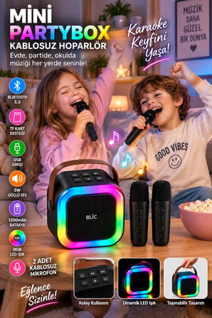 Blic BLS-97 Siyah Partybox Çift Kablosuz Mikrofonlu RGB LED Işıklı Taşınabilir Bluetooth Hoparlör