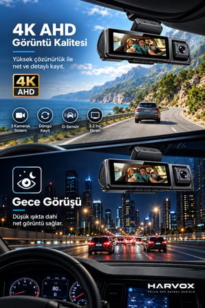 Harvox 4K Max 3 Kameralı Araç Kamerası WiFi GPS ADAS BSD 24 Saat Park Modu Gece Görüşü