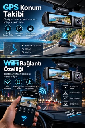 Harvox 4K Max 3 Kameralı Araç Kamerası WiFi GPS ADAS BSD 24 Saat Park Modu Gece Görüşü