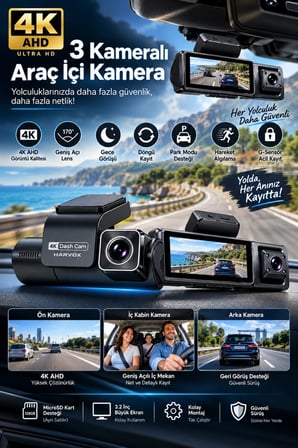 Harvox 4K Max 3 Kameralı Araç Kamerası WiFi GPS ADAS BSD 24 Saat Park Modu Gece Görüşü