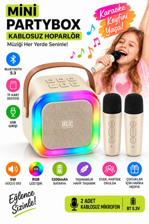 Blic BLS-97 Bej Partybox Çift Kablosuz Mikrofonlu RGB LED Işıklı Taşınabilir Bluetooth Hoparlör
