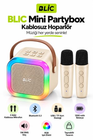 Blic BLS-97 Bej Partybox Çift Kablosuz Mikrofonlu RGB LED Işıklı Taşınabilir Bluetooth Hoparlör