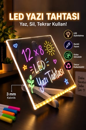 Yazı Çizim Tahtası Led Işıklı 20X30 CM 7 Kalem ve Stant Hediyeli Neon Işıklı Eğitici Not Tahtası