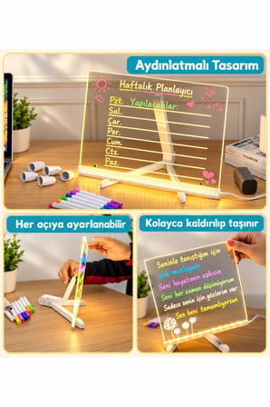 Yazı Çizim Tahtası Led Işıklı 20X30 CM 7 Kalem ve Stant Hediyeli Neon Işıklı Eğitici Not Tahtası