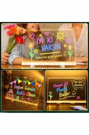 Yazı Çizim Tahtası Led Işıklı 20X30 CM 7 Kalem ve Stant Hediyeli Neon Işıklı Eğitici Not Tahtası