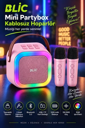 Blic BLS-97 Pembe Partybox Çift Kablosuz Mikrofonlu RGB LED Işıklı Taşınabilir Bluetooth Hoparlör