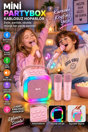Blic BLS-97 Pembe Partybox Çift Kablosuz Mikrofonlu RGB LED Işıklı Taşınabilir Bluetooth Hoparlör