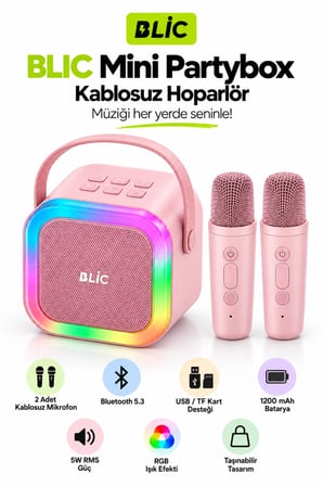 Blic BLS-97 Pembe Partybox Çift Kablosuz Mikrofonlu RGB LED Işıklı Taşınabilir Bluetooth Hoparlör