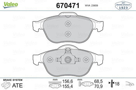 Renault On Fren Balatası Laguna II 1,6 16v 1,8 16v 1,9 3,0 V6 Megane II 05- 1,6 16v 1,5 2,0 1,9 - Valeo 670471