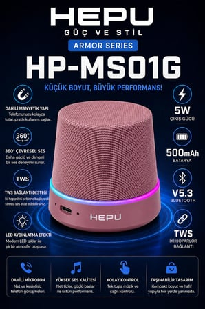 Hepu HP-MS01G Pembe Manyetik Telefon Tutuculu Kablosuz Bluetooth Hoparlör TWS Destekli