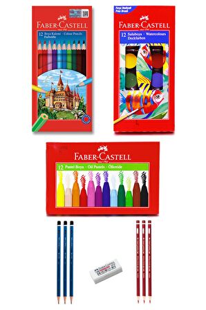 Faber Castell Kuru Boya Kalemi 12'li, Pastel Boya 12'li, Sulu Boya 12'li, Faber Okul Kırtasiye Seti