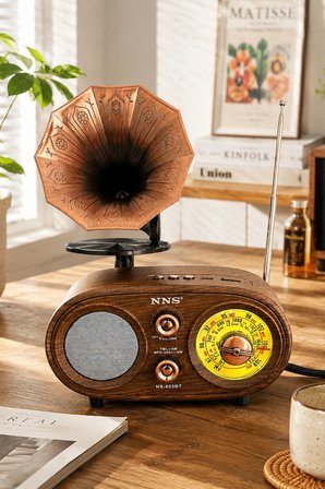 NNS NS-803BT Kahverengi Retro Radyo Bluetooth Hoparlör USB TF Kart Şarjlı Nostaljik Radyo