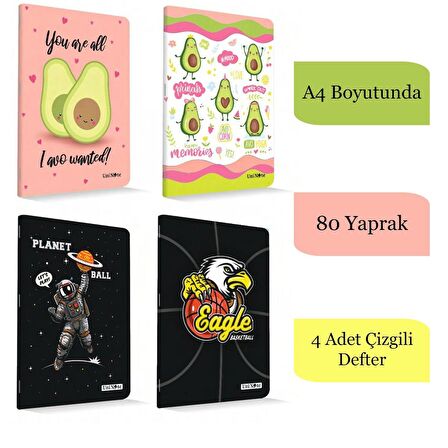 Çınar A4 80 Yaprak Karton Kapak Dikişli Defter Çizgili 4 Adet