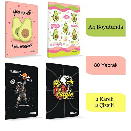 Çınar A4 80 Yaprak Karton Kapak Dikişli Defter 2 Kareli+2 Çizgili
