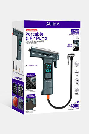 Auhma A7733 Taşınabilir Kompresörlü Hava Pompası 4000mAh|150 PSI | Dijital LCD Ekranlı