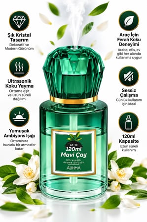 Auhma AF-13 Yeşil Araç ve Ev Kokusu Difüzörü 120 ml Kristal Işıklı Hava Nemlendirici Koku Makinesi