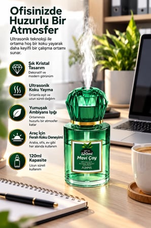 Auhma AF-13 Yeşil Araç ve Ev Kokusu Difüzörü 120 ml Kristal Işıklı Hava Nemlendirici Koku Makinesi