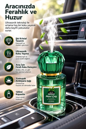 Auhma AF-13 Yeşil Araç ve Ev Kokusu Difüzörü 120 ml Kristal Işıklı Hava Nemlendirici Koku Makinesi