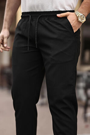 Erkek Siyah Slim Fit Rahat Kesim Beli Bağlamalı Yan Cepli Likralı Jogger Pantolon