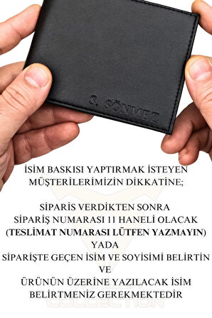 Siyah Deri Cüzdan Isim Baskılı Çift Para Bölmeli 8 Kart Kapasiteli Kutulu Unisex Model