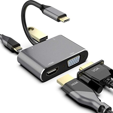 Technow CF02 Macbook Uyumlu Type-C™ To 4K Ultra Hd 1080p Hdmı/ Vga/ Pd Şarj/ USB 3.0 4IN1 Çevirici