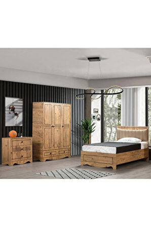 Papatya Genç Odası - 3 Kapılı Dolap, Bazalı Karyola, Şifonyer - 90x190
